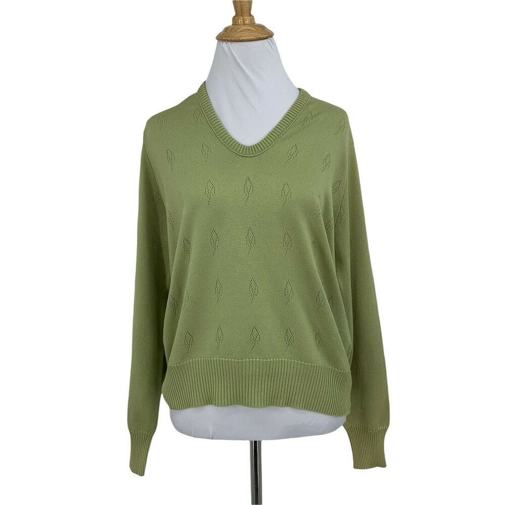 Givenchy Sport Sweater Womens Size L Olive Green Rib Trim Floral Stitch Pullover